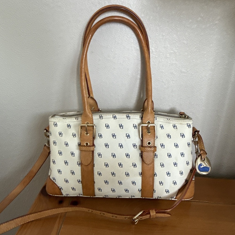 Vintage Dooney Bourke Signature Monogram Y2K 2000 White & Blue Satchel GUC